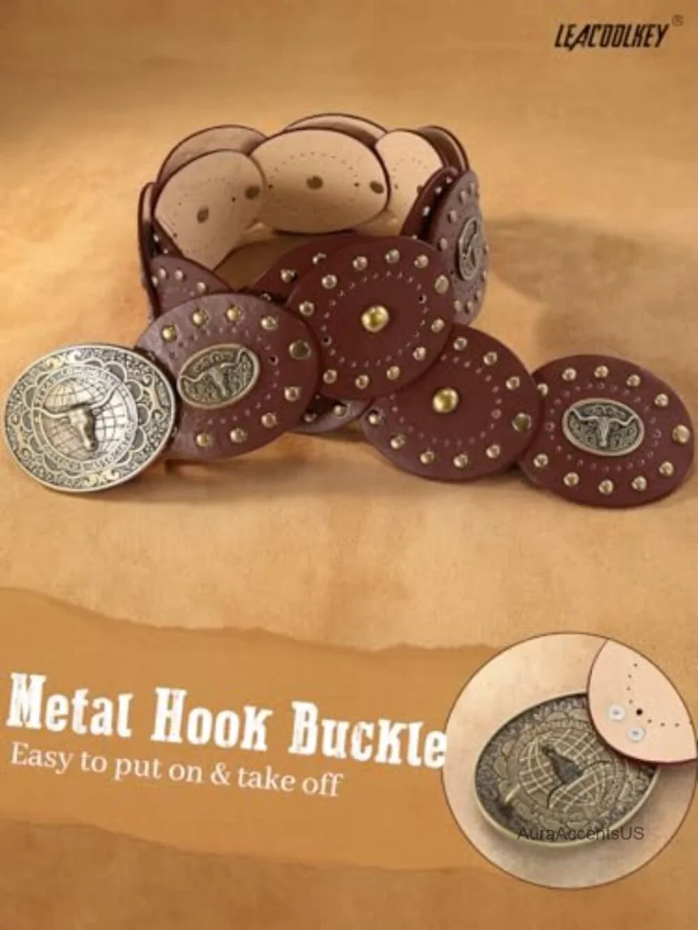 Faux Leather Wide Western Concho Belt for Dresses Jeans